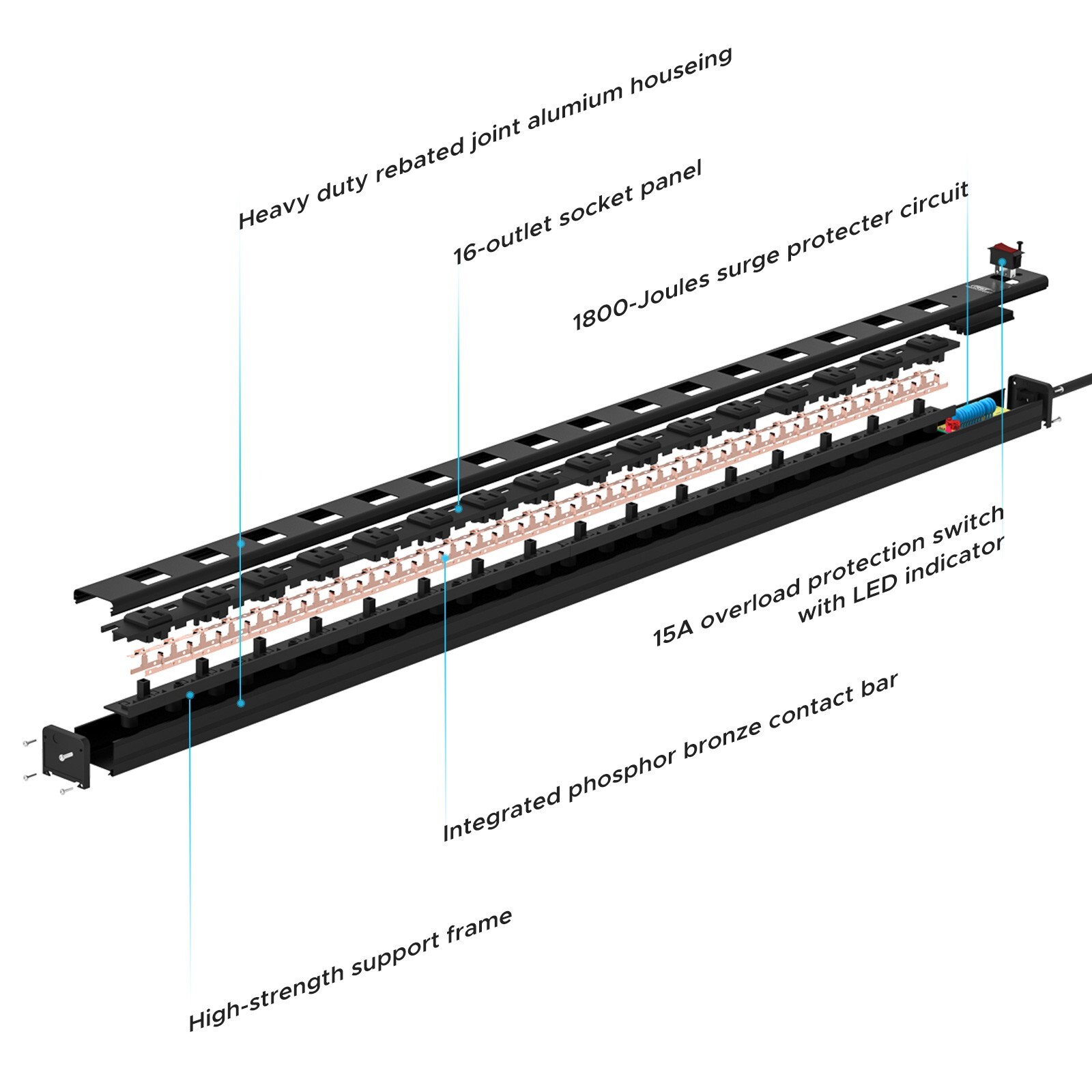 Power Strip 16 Outlets Multi Metal Housing Heavy Duty 15 Feet Cord Black CRST