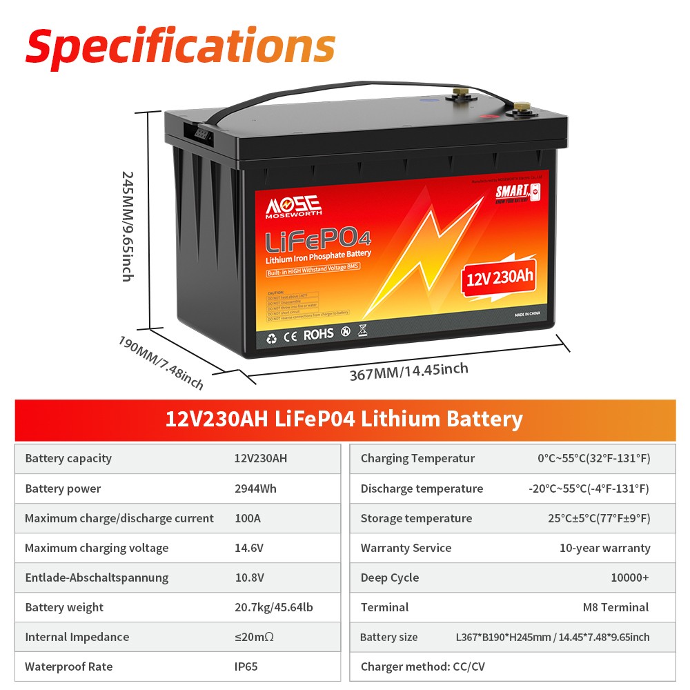 Bluetooth 12V 230Ah LiFePO4 Lithium Battery 200A BMS RV Marine Solar Low Temp
