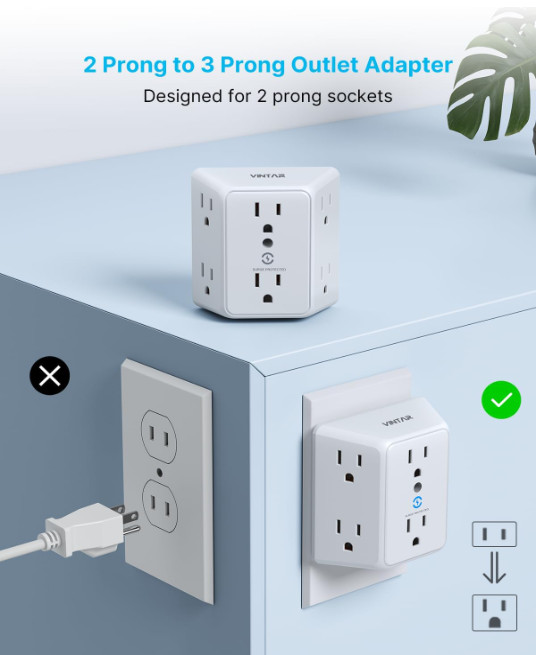 2 Prong to 3 Prong Outlet Adapter, 3 Sided 6 Outlet Widely Spaced Extender, Pola