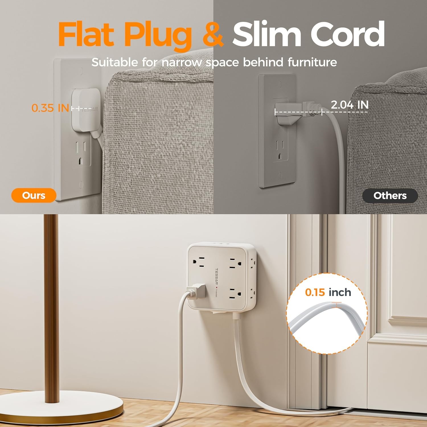5 Ft Grey Surge Protector with 3 USB Power Strip Extension Cord 5ft USB Power