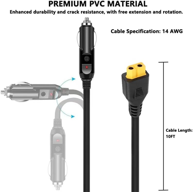 10-Foot Portable12V/24V car Charger Suitable for Ecoflow Delta/River, Bluetti EB