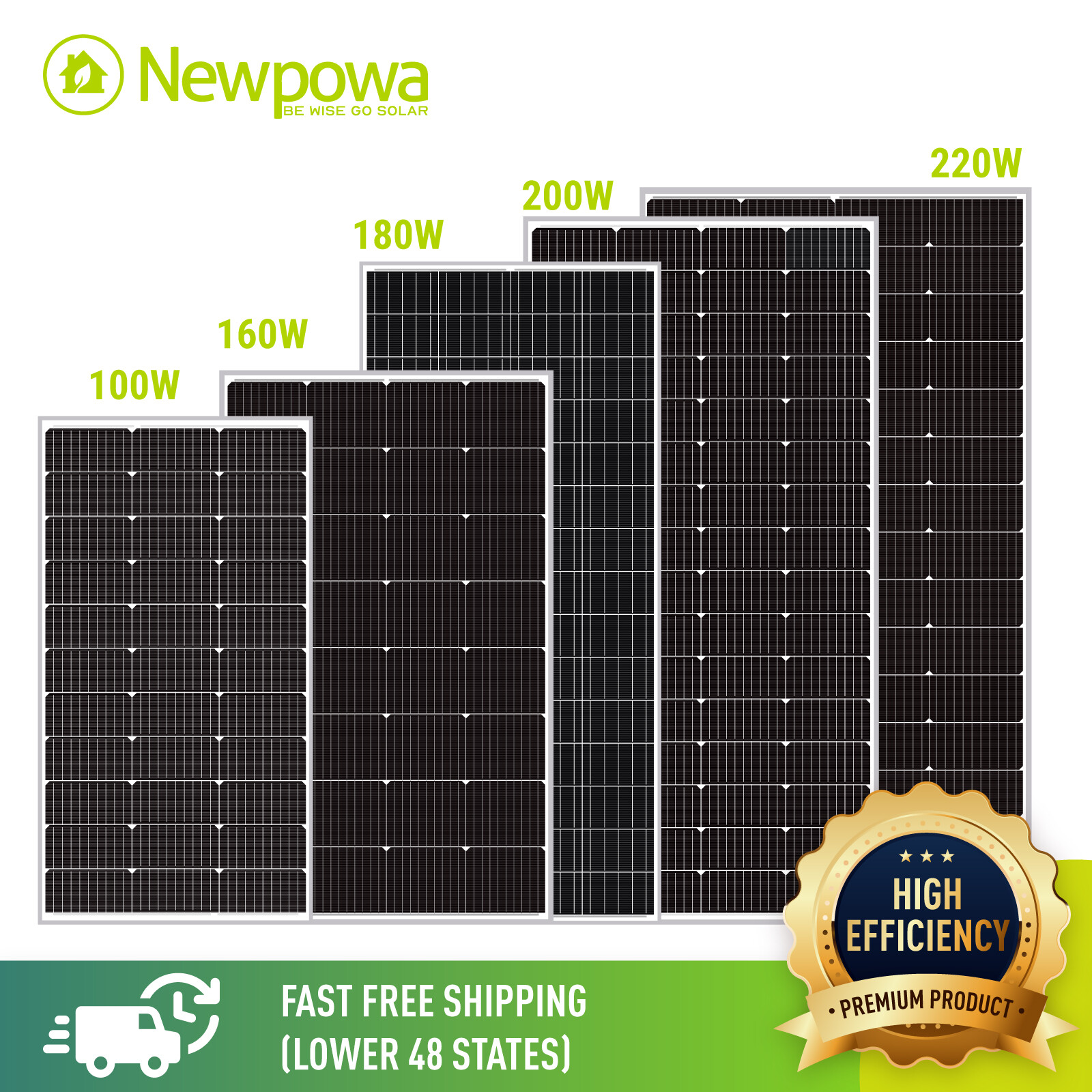 Newpowa Solar Panel 100W 160W 180W 200W 220W 12V for RV Marine Off-Grid System