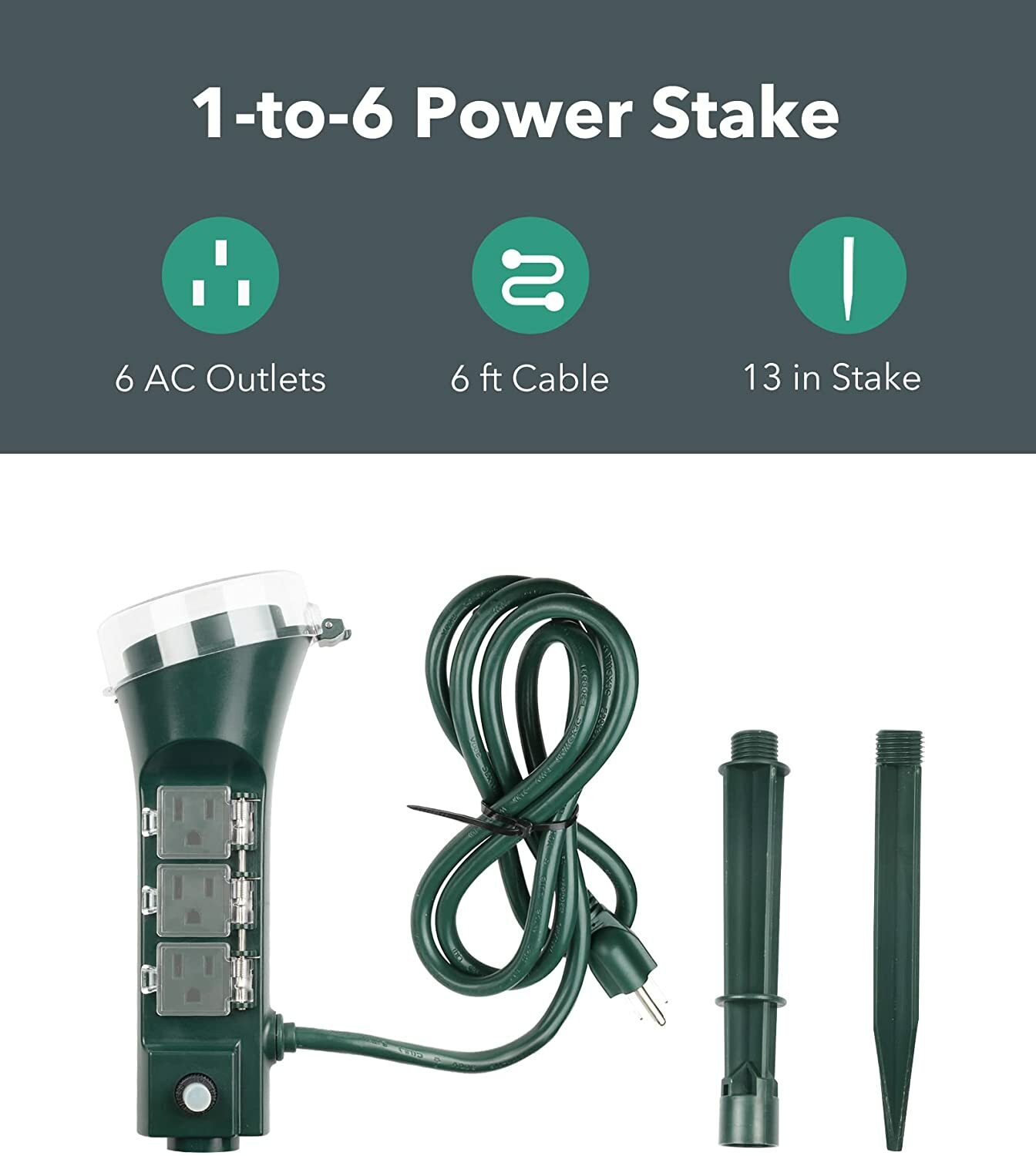 BN-LINK Outdoor 6ft Extension Cord Power Stake with 6 Outlets Weatherproof Cover