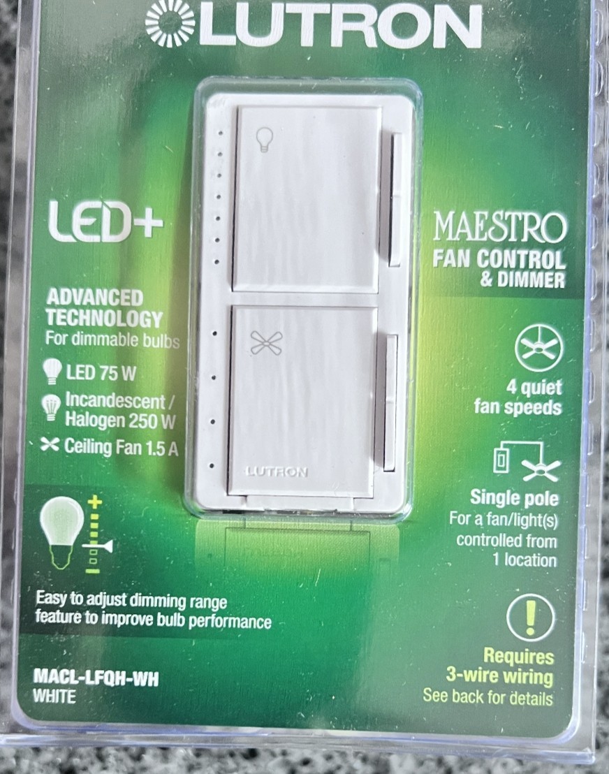 Lutron Maestro Fan Control and Light Dimmer – White, and matching wall plate.