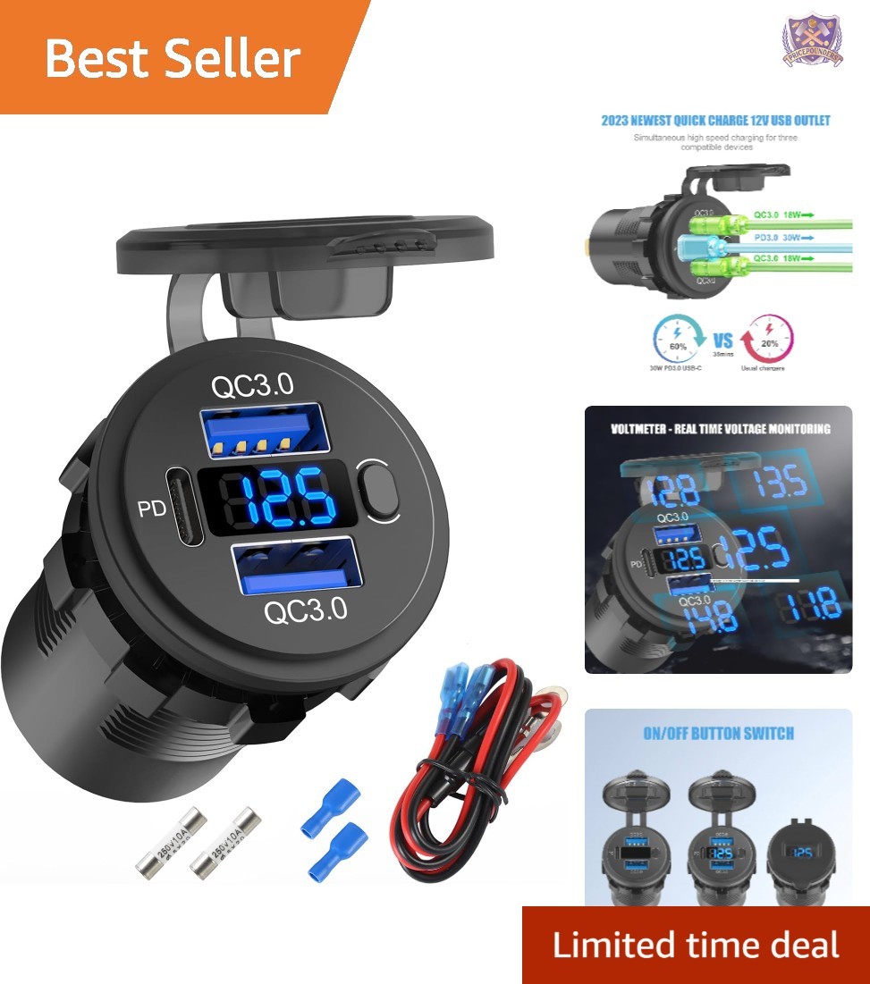 12V USB Outlet Dual QC 3.0 PD3.0 Car Charger Waterproof Volt Meter Switch
