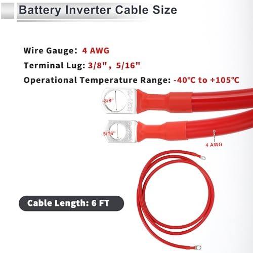 1 Pc Universal Battery Inverter Cable 3/8″ Lug 5/16″ Lug Battery Cable 6FT Red