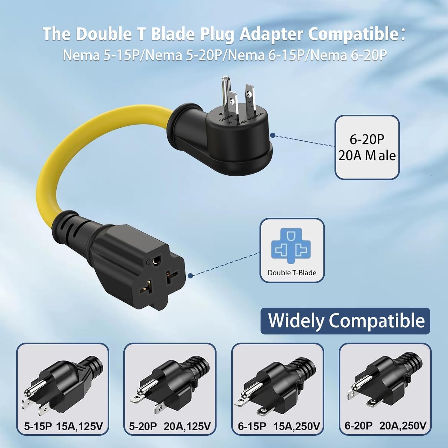 Heavy-Duty 20 Amp Extension Cord – 12AWG, 1FT NEMA 5-15P to 5-20R/6-15R/6-20R Ad