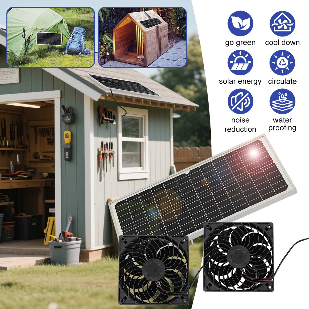 Solar Panel Dual Fan Kit 20W Waterproof Pro Outdoor Dog House Chicken Coop Shed