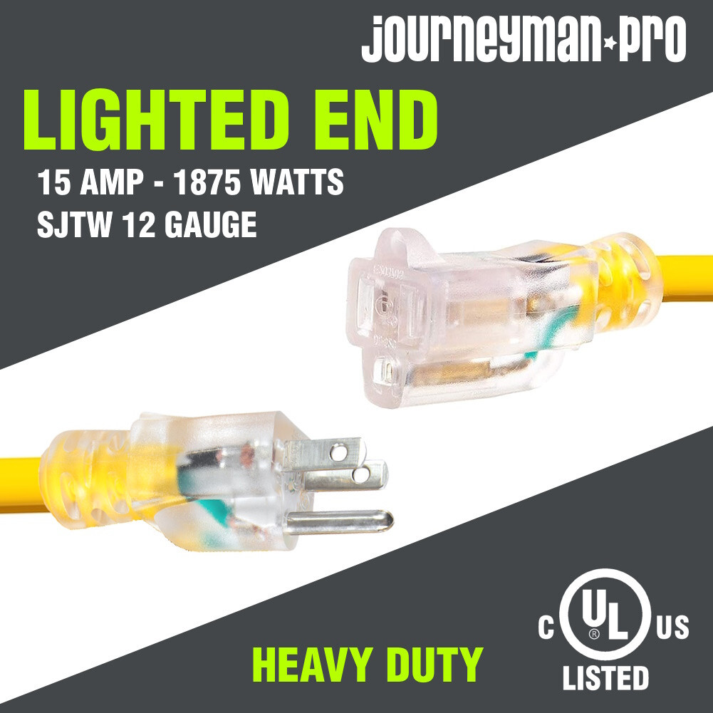 25’FT YELLOW Contractor Grade Outdoor Extension Cord 25′ Feet Power Light Up End