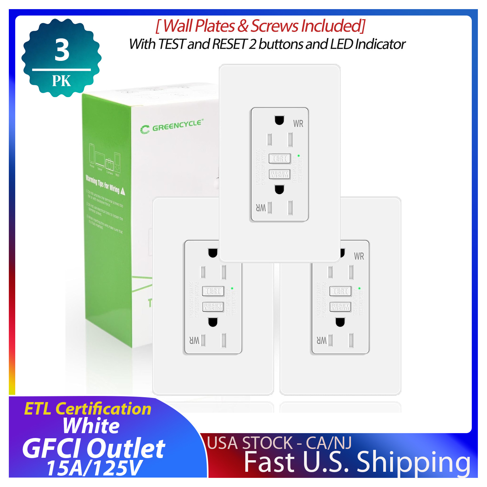 3PK 15A/125V GREENCYCLE GFCI Outlet, Ground Fault Receptacle with LED Indicator