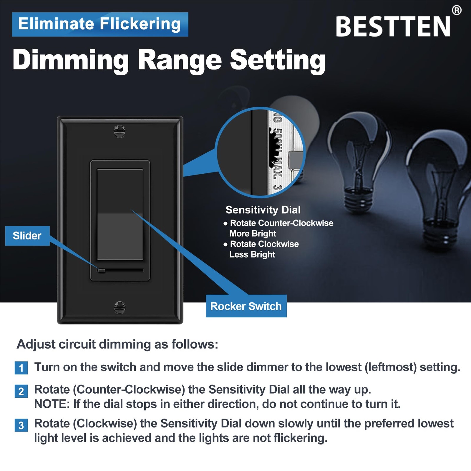 [10 Pack] BESTTEN Dimmer Wall Light Switch, Compatible with Dimmable LED, CFL, I