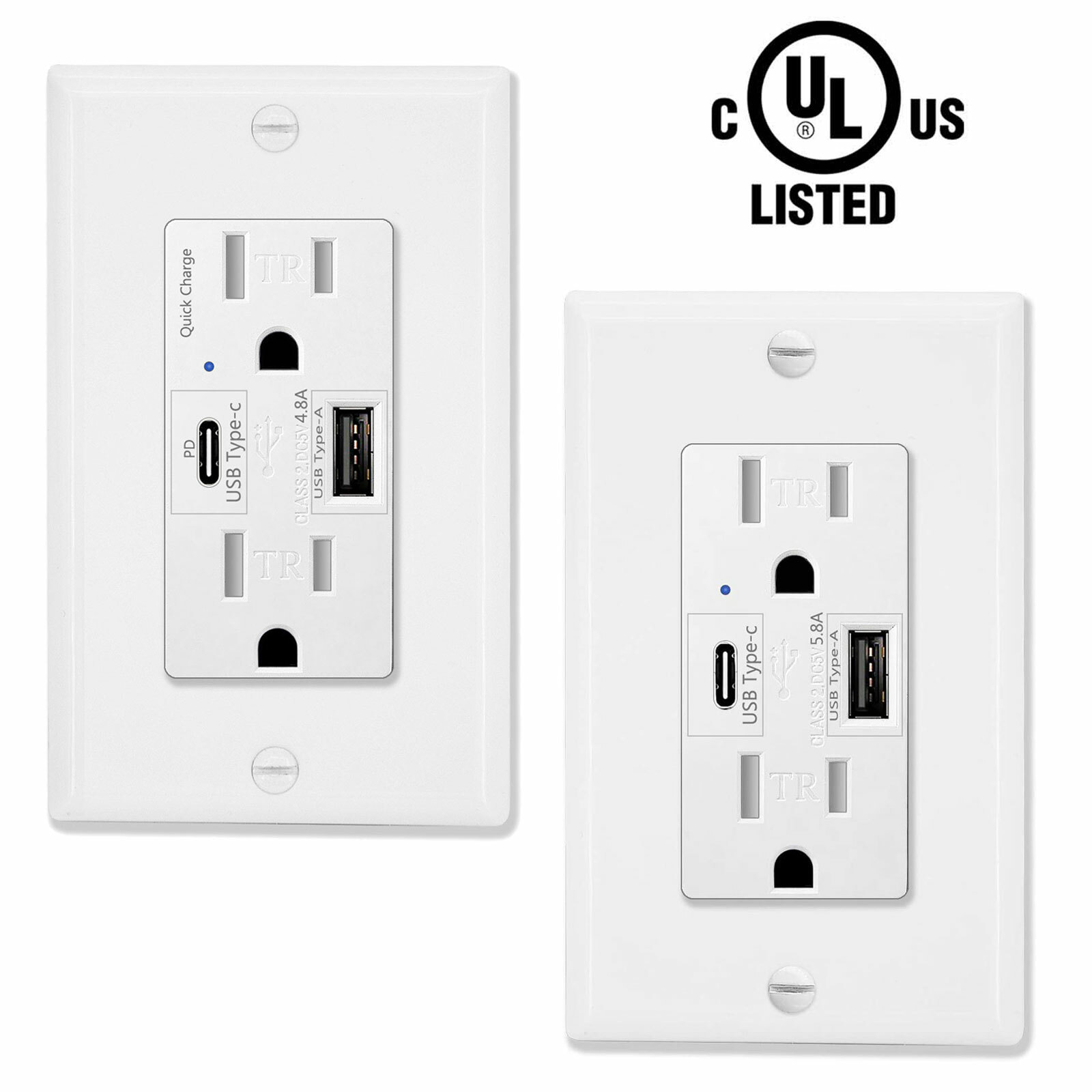 4.2A/4.8A/5.8A Type C USB Wall Outlet Charging Electrical Receptacles UL w/Plate