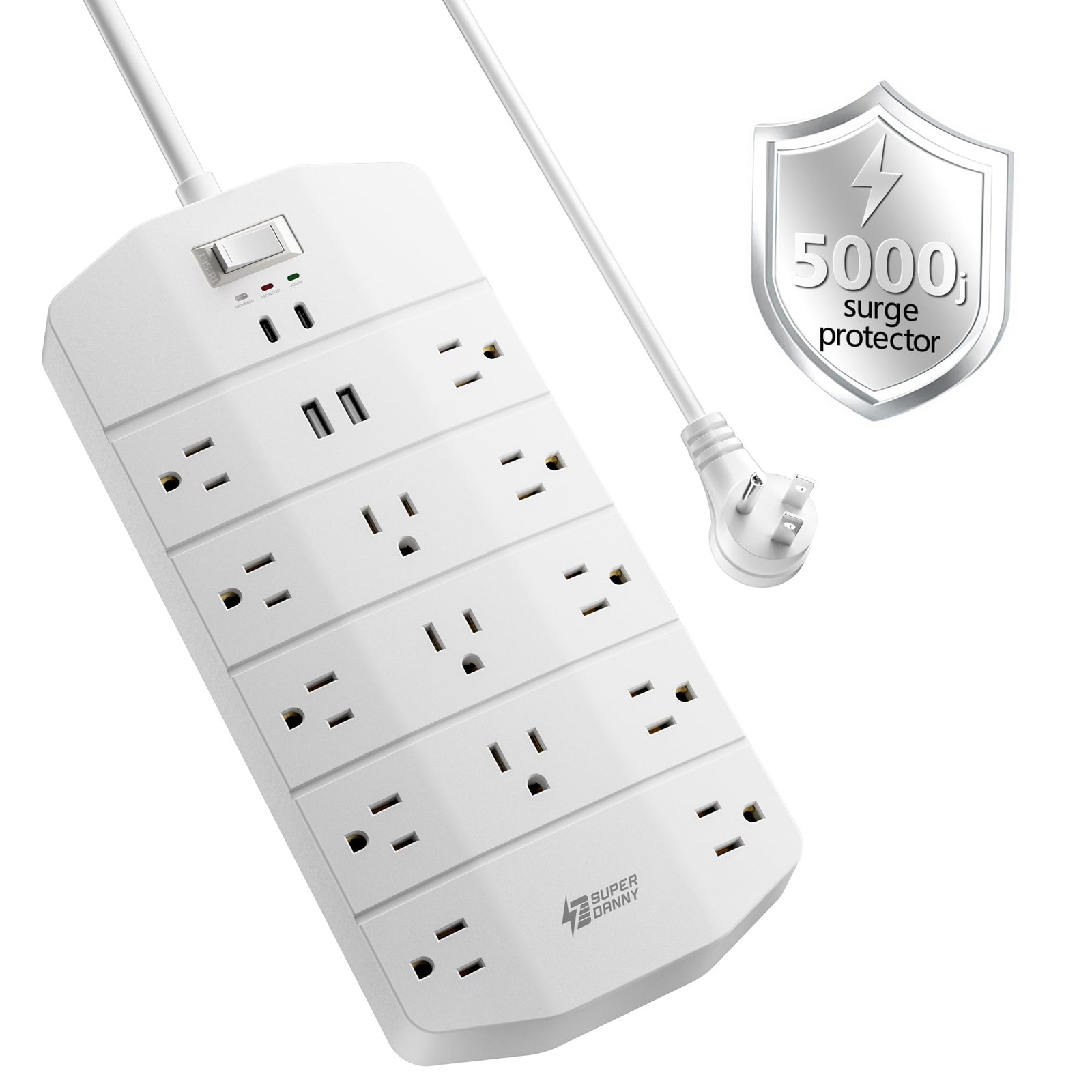 SUPERDANNY Power Strip Surge Protector 5000J, 15A, PD 20W, 13 10ft, White