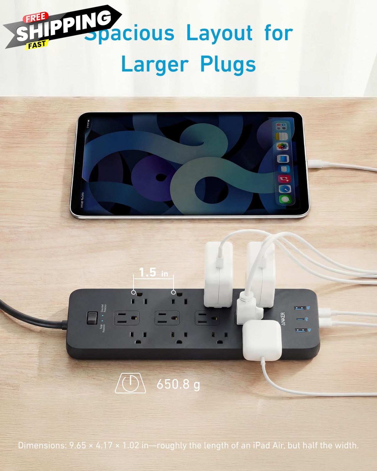 Anker Power Strip with 2100J Surge Protector, Outlet Extender, 5 FT, Black