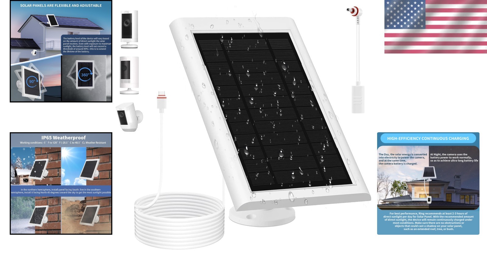 Solar Panel for Ring Camera(2nd Generation) Dustproof Waterproof 5W Solar Panel