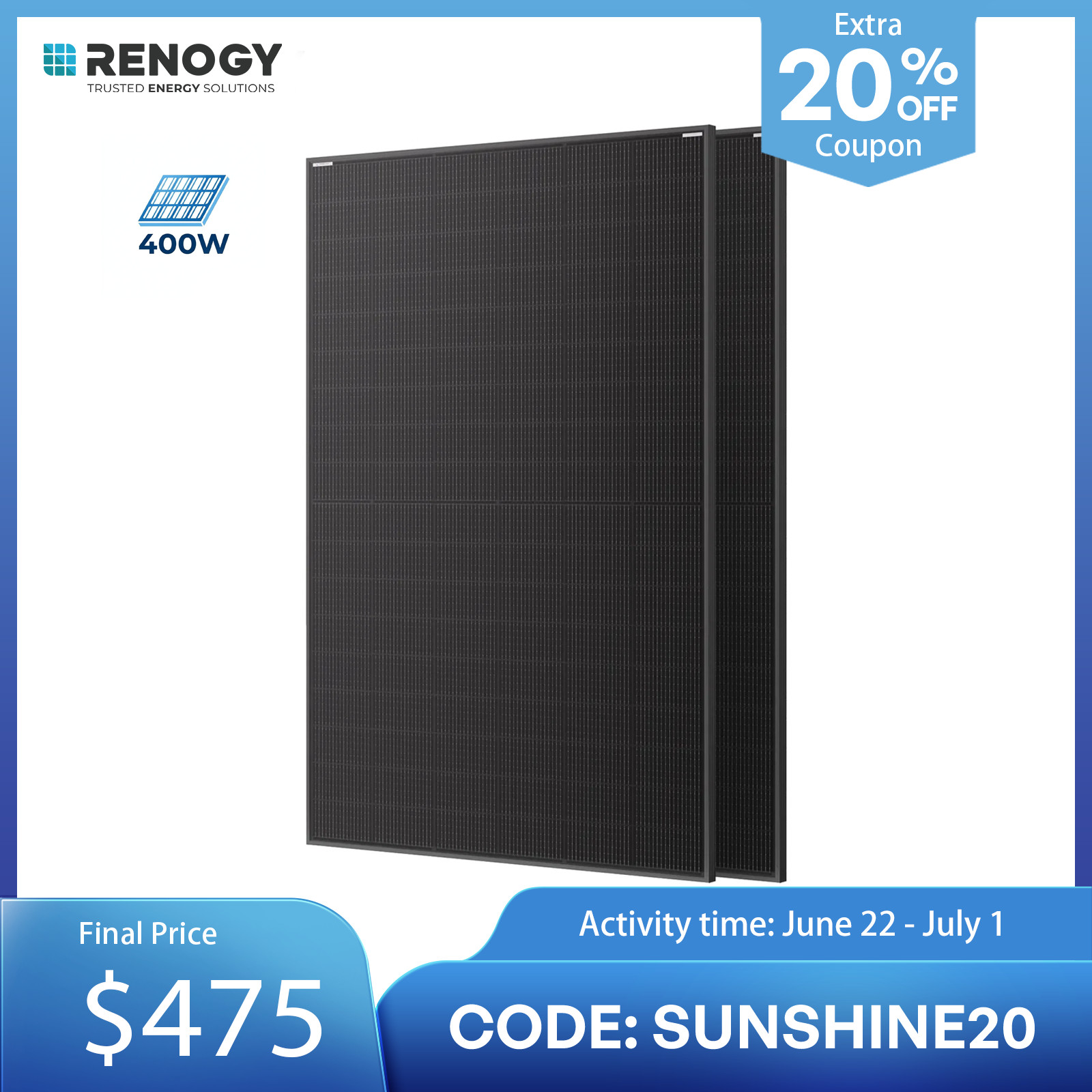 Renogy 400W N-Type Bifacial Solar Panel 2 Pack