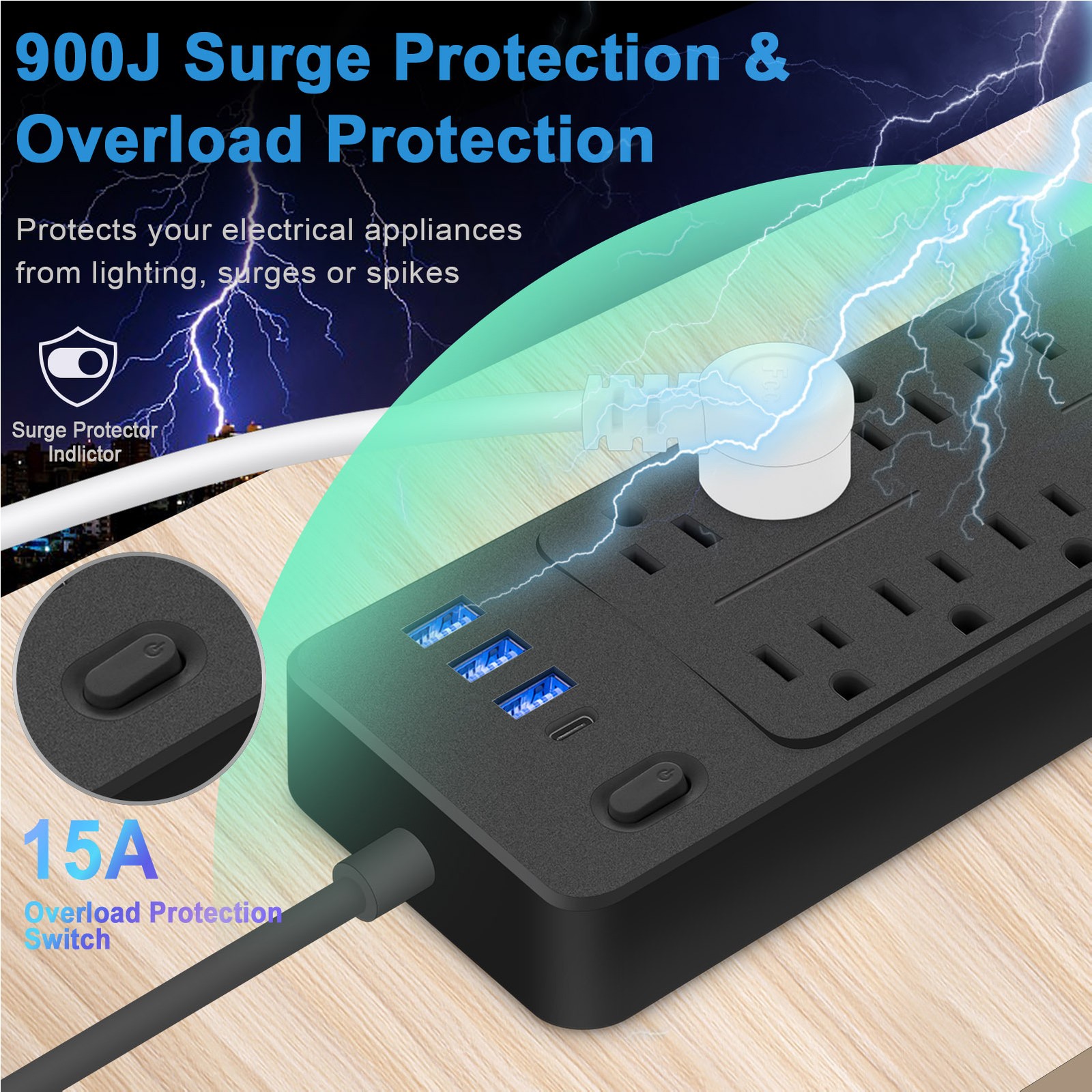 14-in-1 Protector Power Strip With USB Ports 3.9 Ft Cord Multifunctio