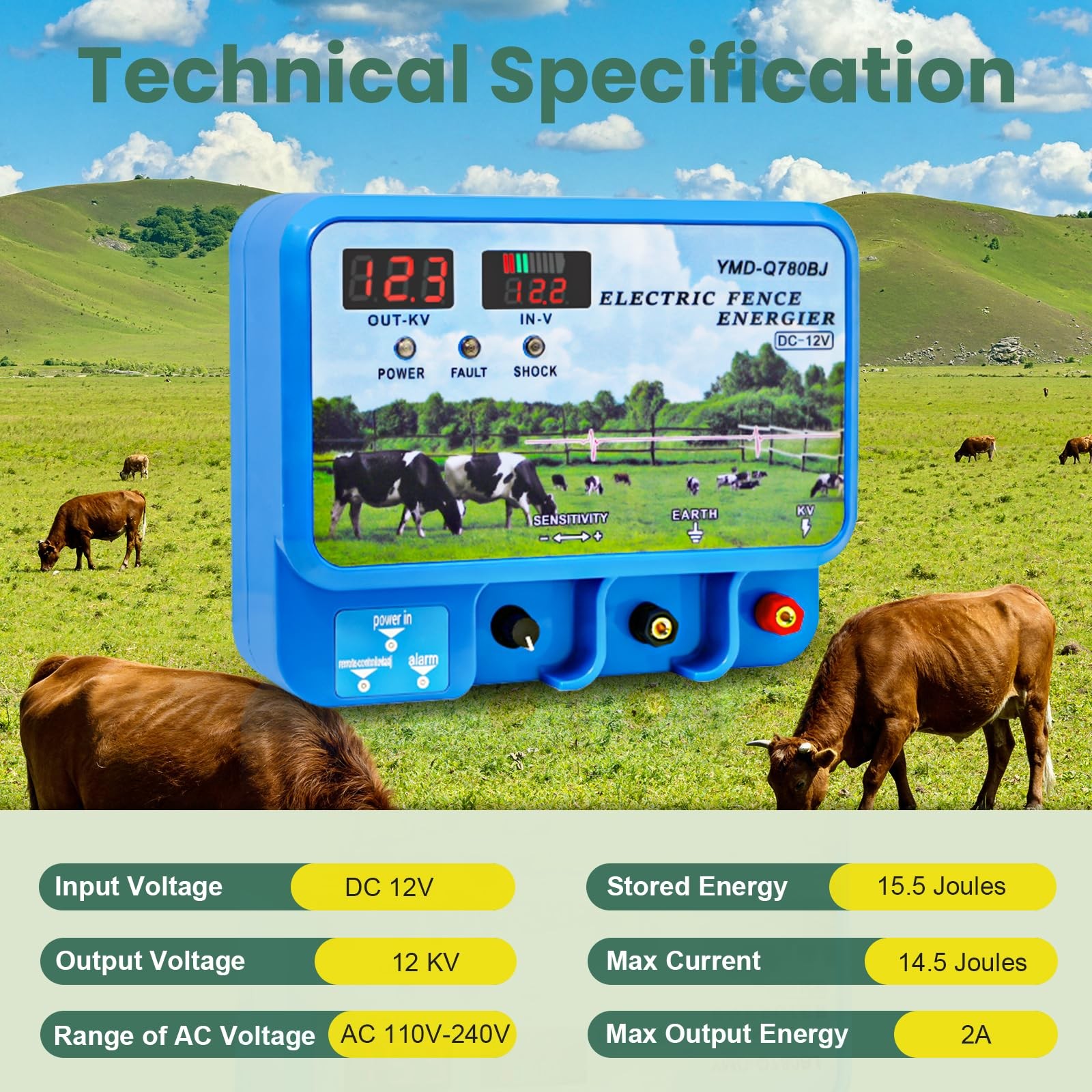 15.5J Electric Fence Charger, 15.5 Joules 600 Acres, AC DC 2 in 1 Blue