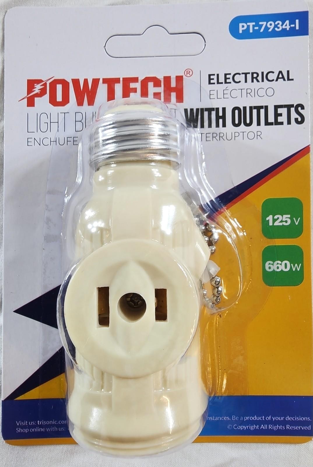 Light Bulb Socket Adapter w/ Dual Outlet Pull Chain On/Off 125V 660W Ivory