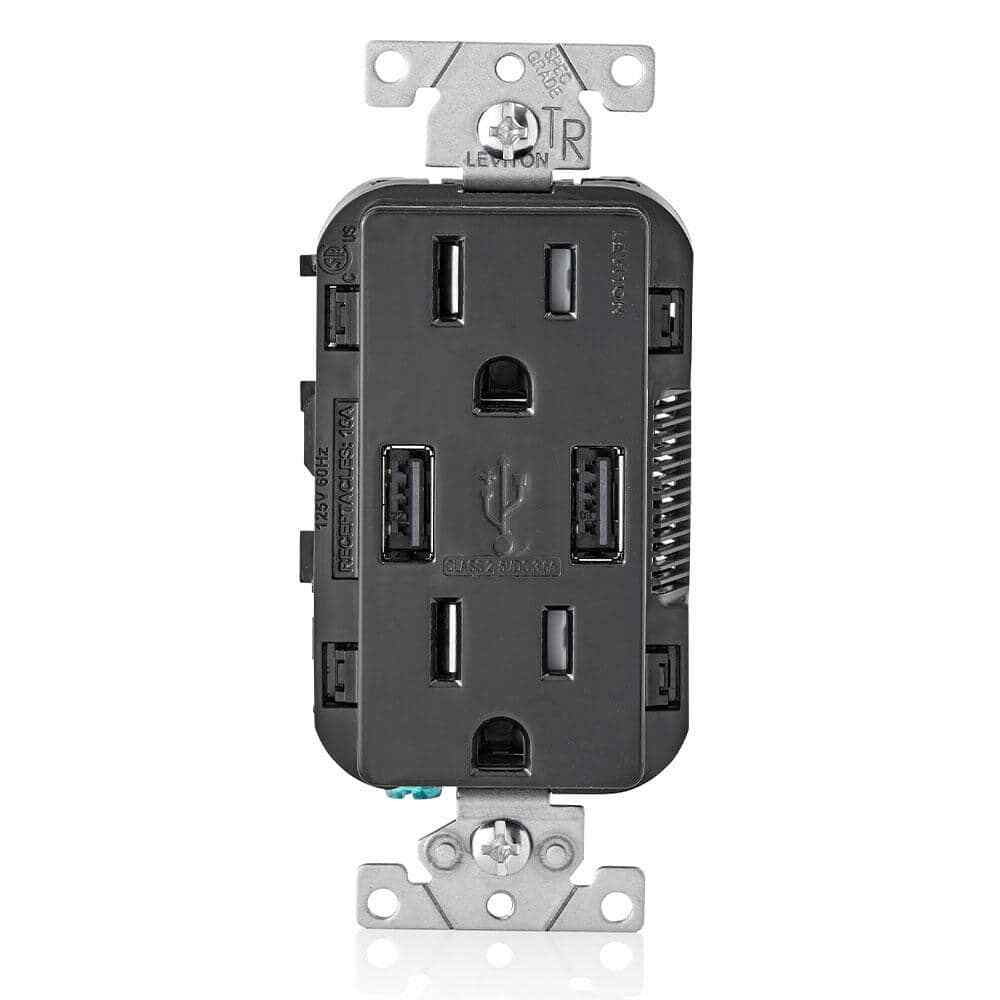 Leviton 3.6A USB Dual Type A Charger 15A Tamper-Resistant Outlets Black T5632-BE