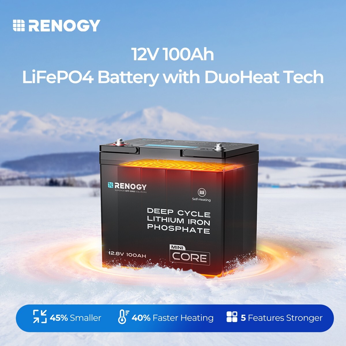 Renogy DuoHeat Tech-Core Mini 12V 100Ah Lithium Iron Phosphate Battery