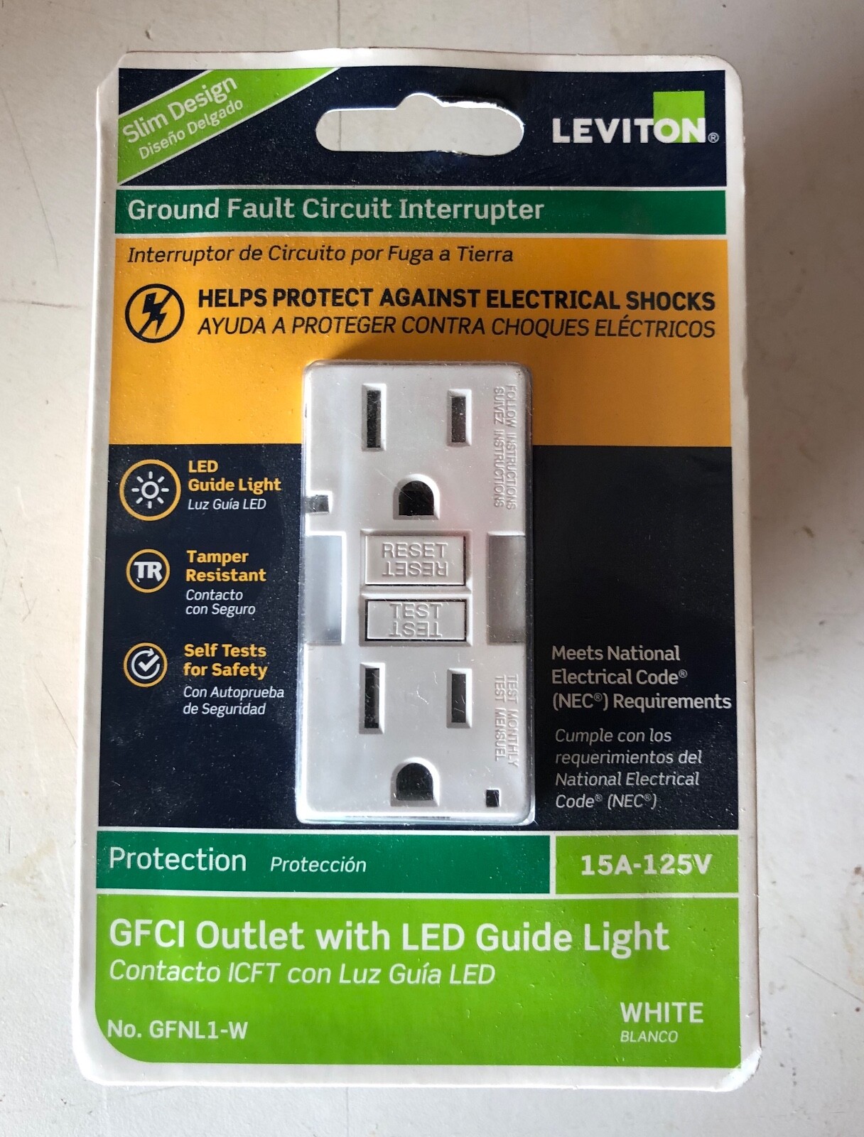 Leviton Ground Fault Circuit Interrupter Slim Design Self Tests White GFNL1-W