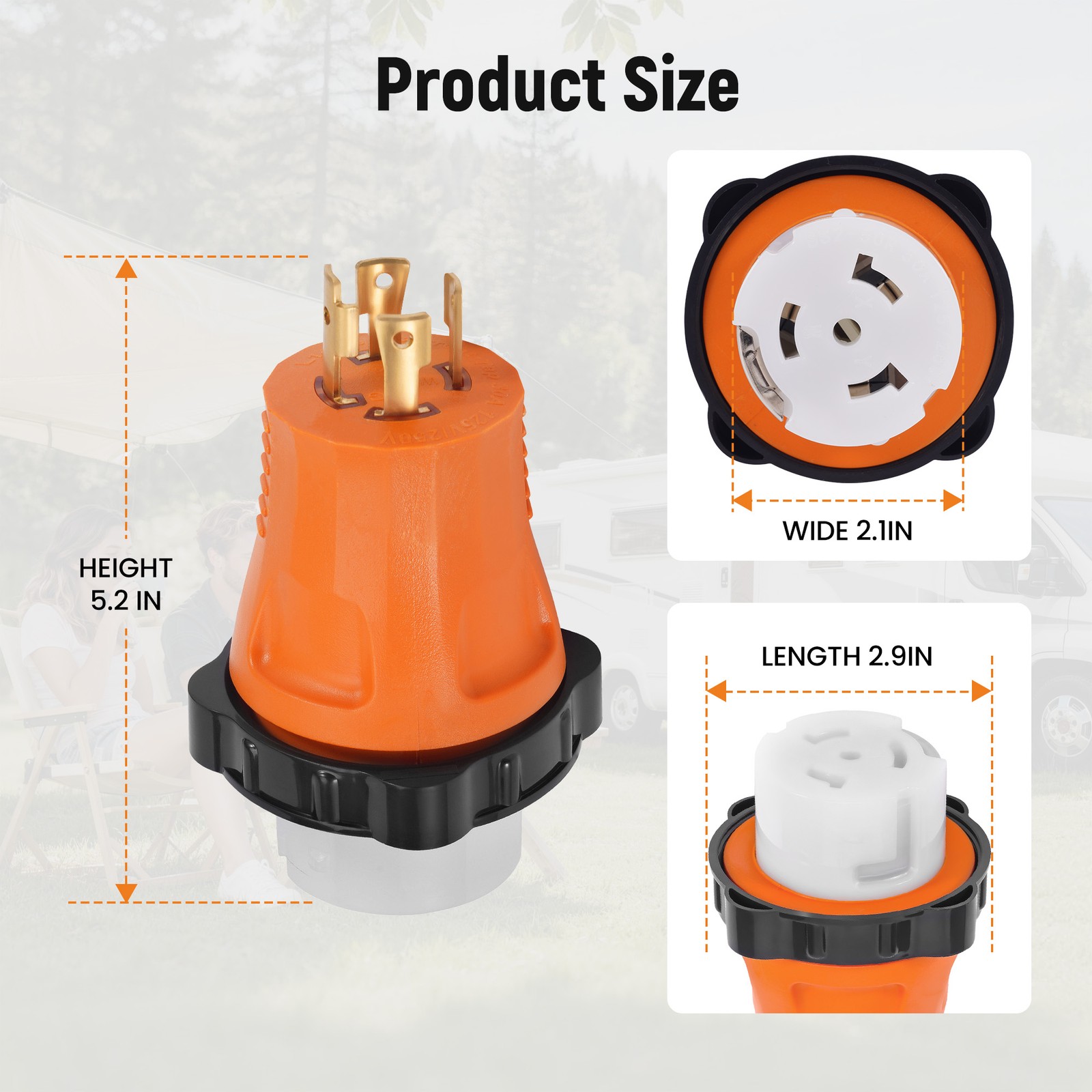 Durable Molded Adapter 30A Locking Plug to 50A Receptacle 4.3″ Orange