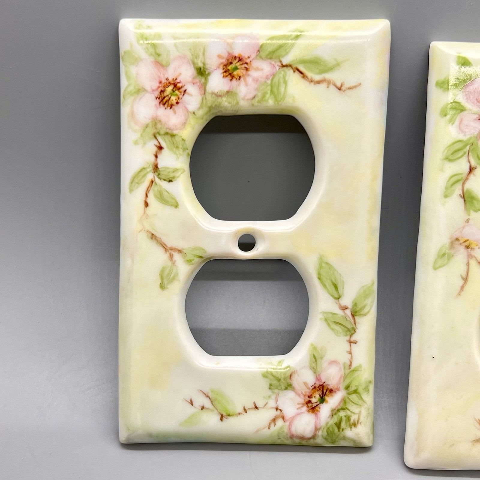 2 – Vintage Porcelain Outlet Covers Hand Painted Green w/ Pink Dogwood Florals