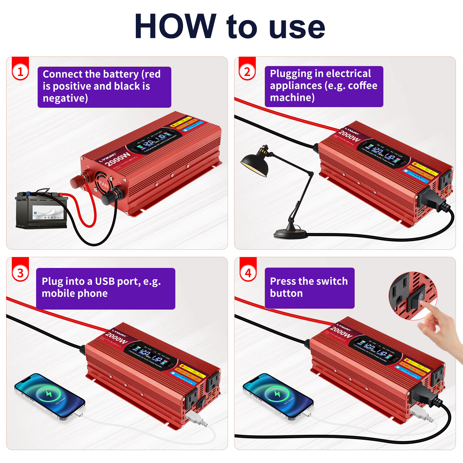 1000W 2000W Power Inverter LCD 2USB 2AC 12V to 110V Converter Adapter Off-gird