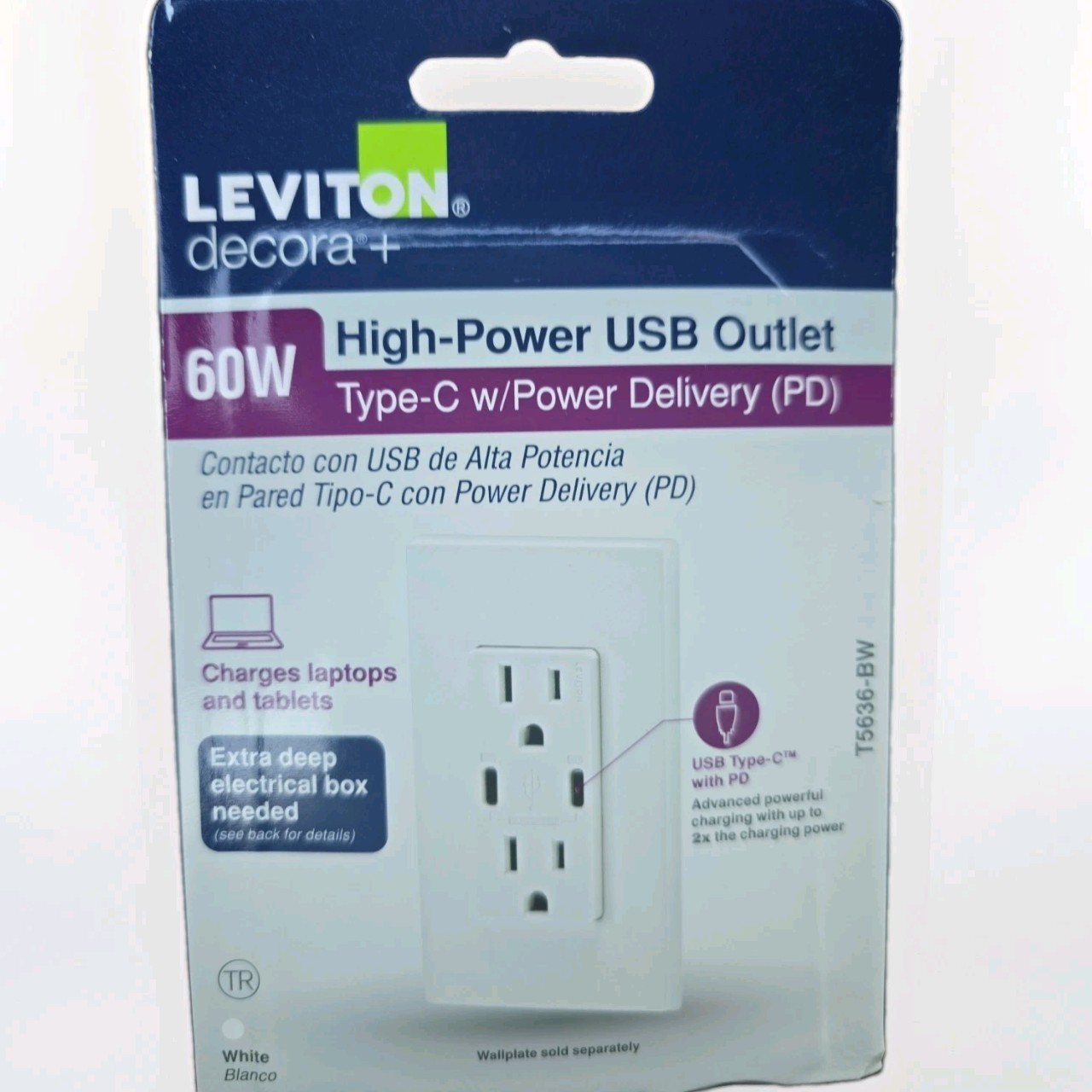Leviton USB Wall Outlet High Power Dual Type-C w/ Power Delivery 60W