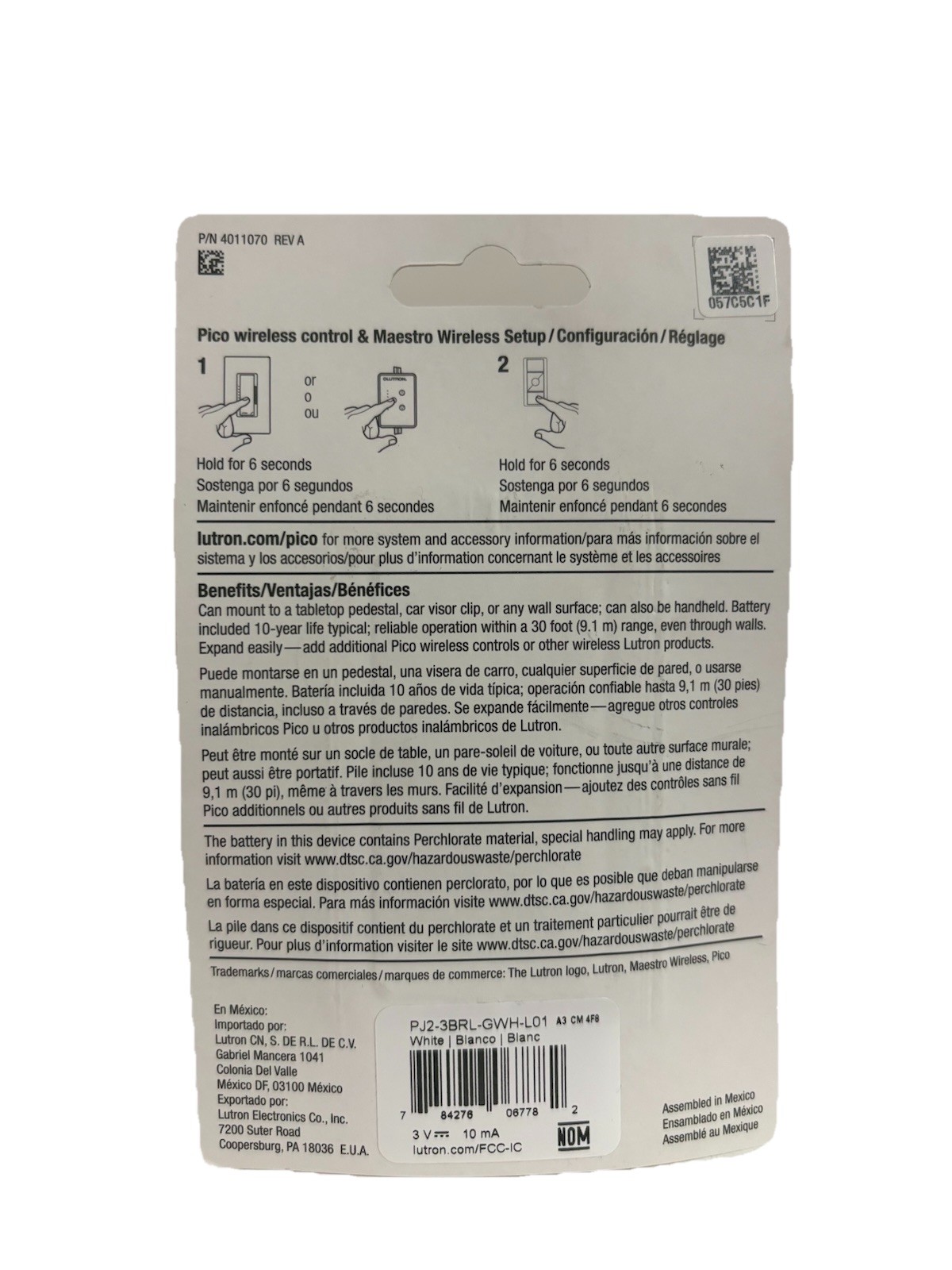 Lutron PJ2-3BRL-GWH-L01 Pico Remote Control RadioRa2 RadioRa3 Caseta – White