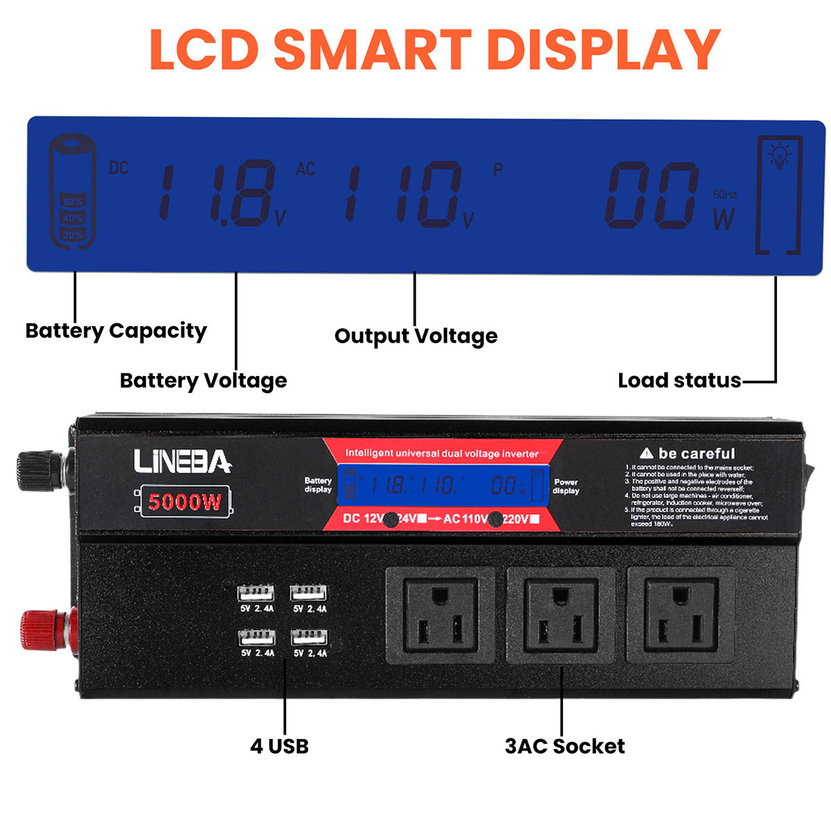 1500W 2500W 5000W Car Power Inverter 12V to 110V Converter 3AC 4USB LCD Display