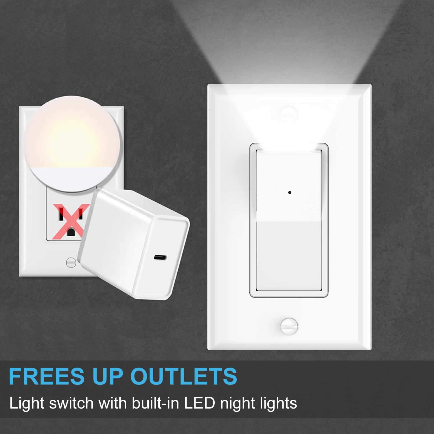 4 Pack Illuminated Light Switch, Lightswitch with LED 1.38W*4.13L, White