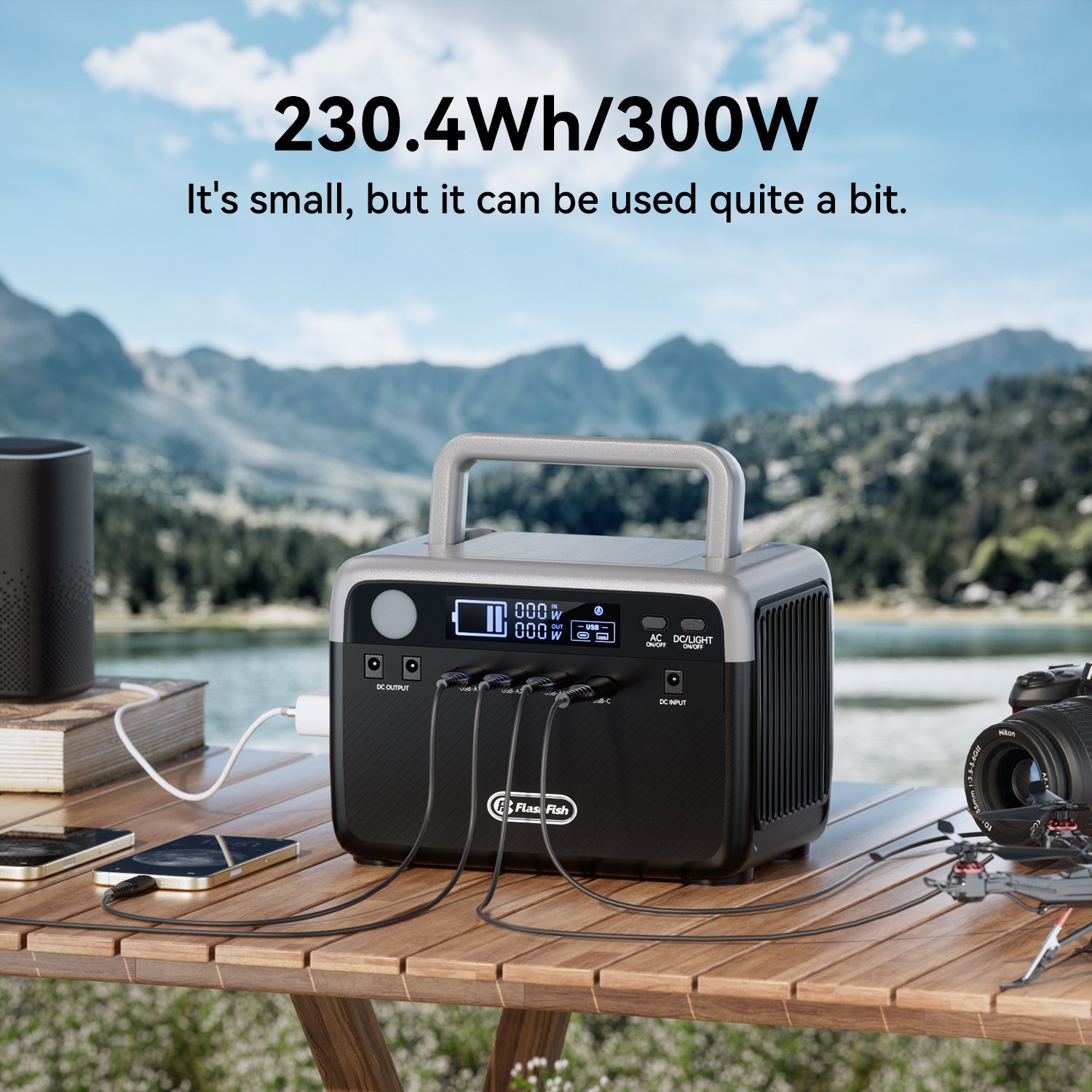 Flashfish Portable Power Station LiFepO4 300W 230.4Wh Optional Solar Panel 100W