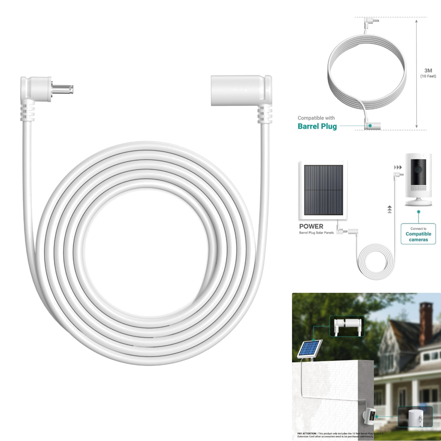10 ft. Weatherproof Power Extension Cable for Security Camera Solar Panel 80ch