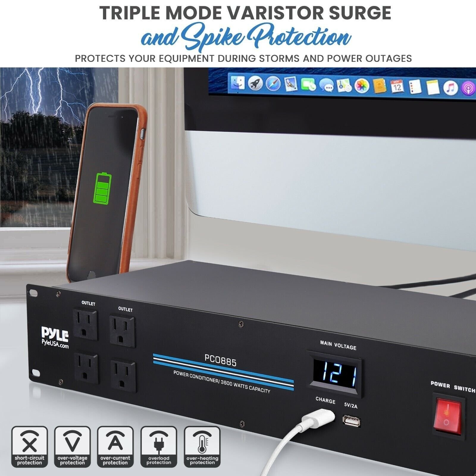Pyle 19″ Rack Mount Power Supply USB Chargeport 20 Outlets 3600 Watt 120V