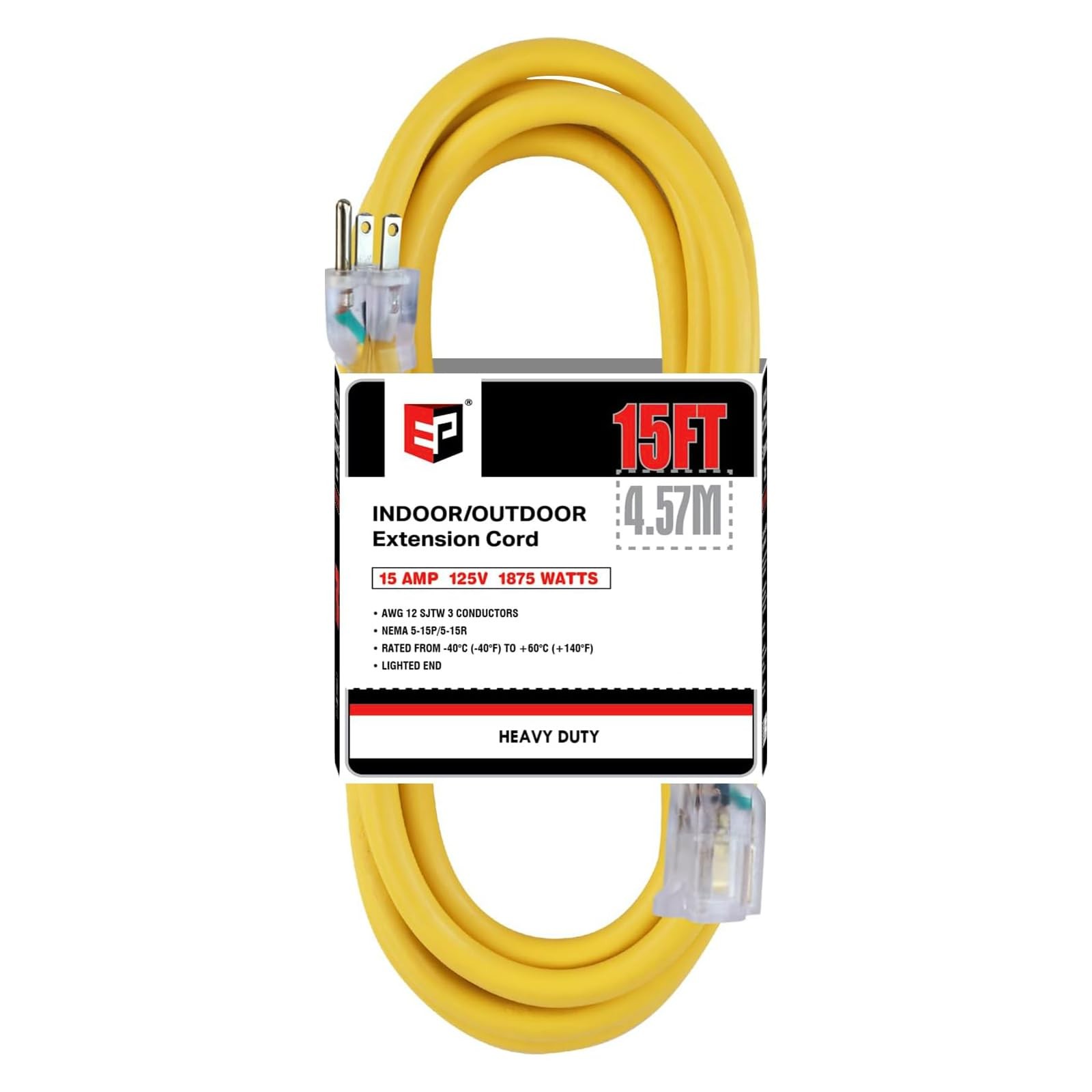 EP 15 Ft 12/3 SJTW Lighted Outdoor Extension Cord, Yellow 15ft,