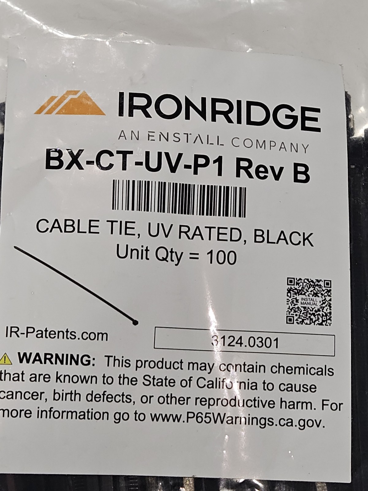 Ironridge BX-CT-UV-P1 Rev B Cable Tie UV Rated Black Qty 100 12″ Ties