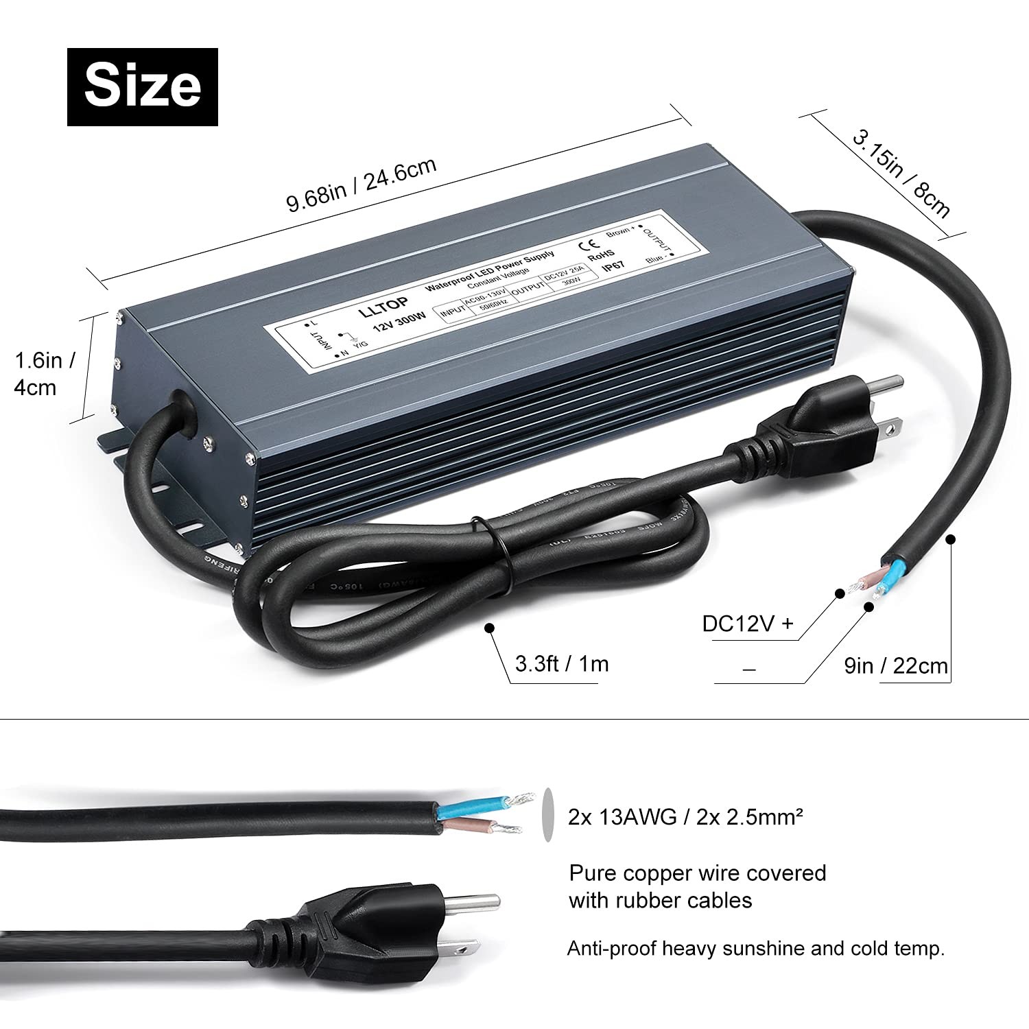 LLTOP LED Driver 300 Watts Waterproof IP67 Power Supply 90-130V AC 12V 300W