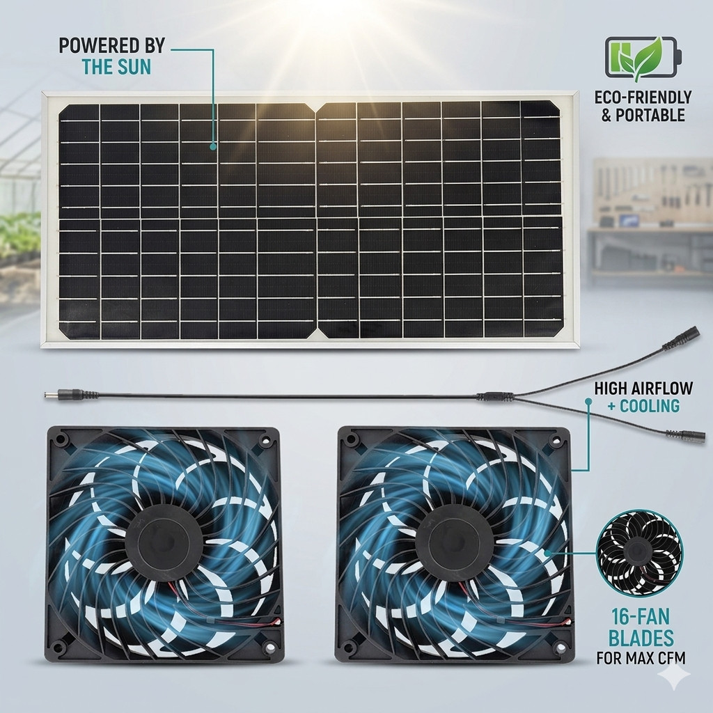 Solar Panel Dual Fan Kit 20W Waterproof Pro Outdoor Dog House Chicken Coop Shed