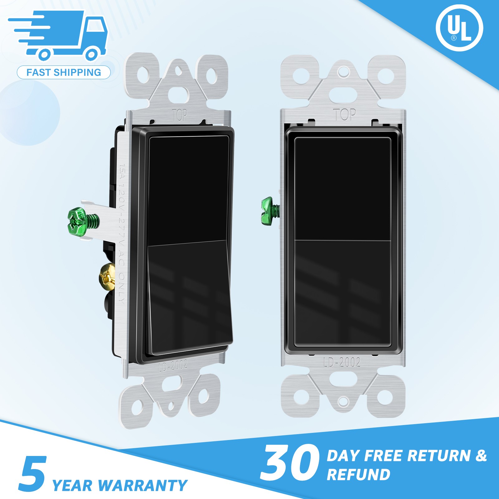 2Packs UL/CUL Listed 3 Way Rocker Light Switch 15A 120/277V Black Residential