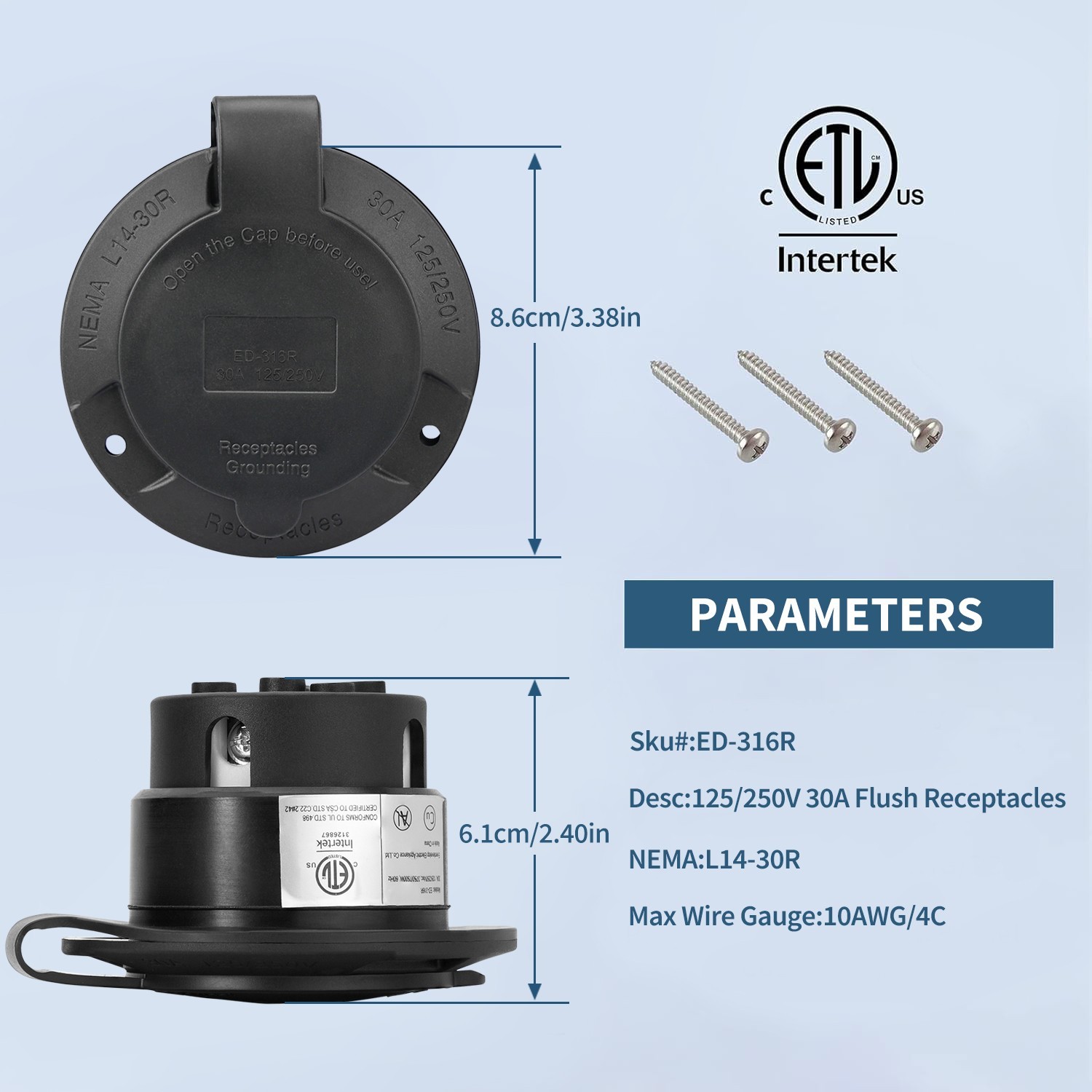 L14-30R 125/250V Receptacle Generator Plug 30A Flanged Inlet w Waterproof Cover