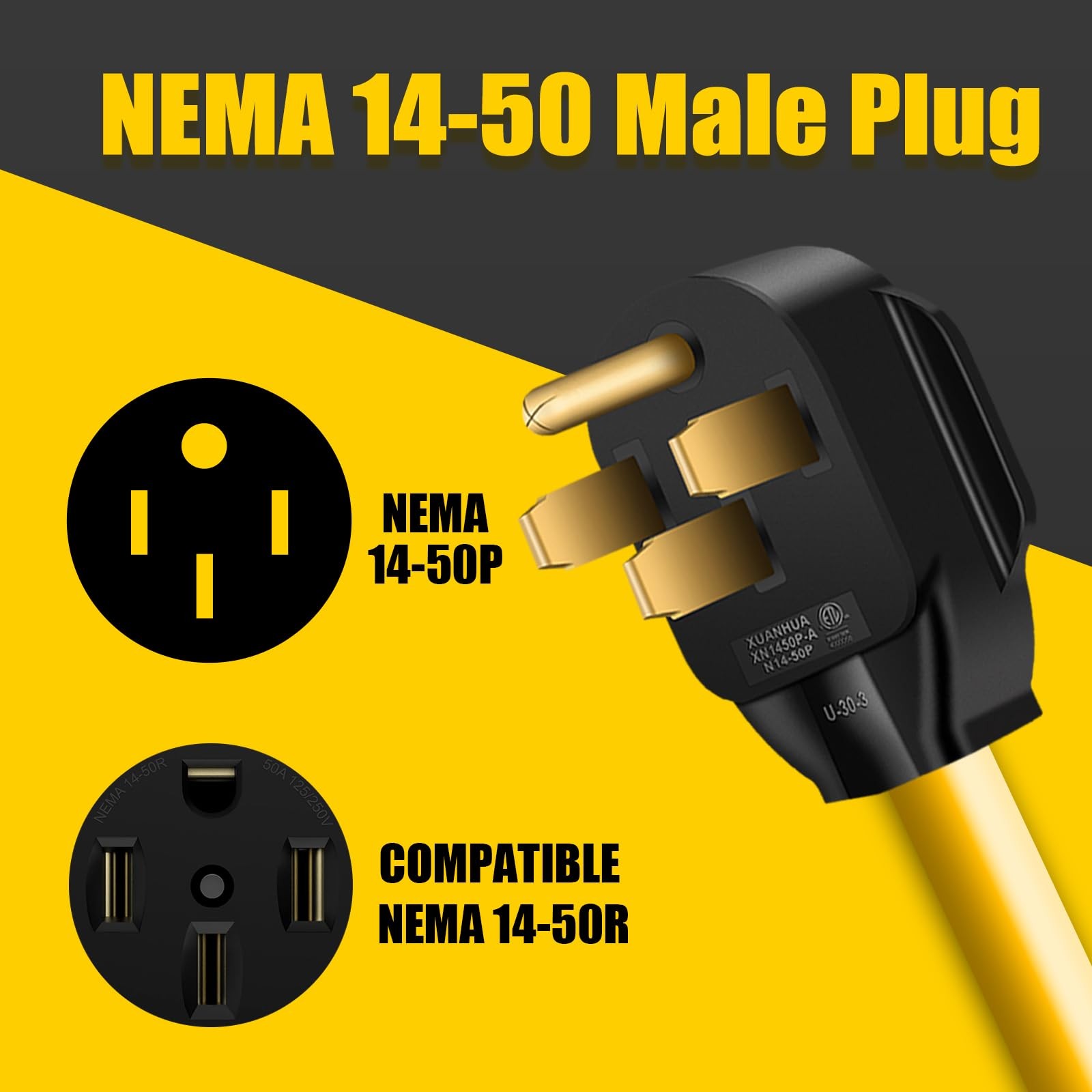 4 Prong Replacement Power Cord Compatible with NEMA 14-50P 50 Amp 125V/250V Exte