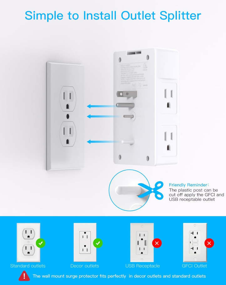 5 Outlet Extender Surge Protector Multi Plug Wall Adapter USB Charger Ports with