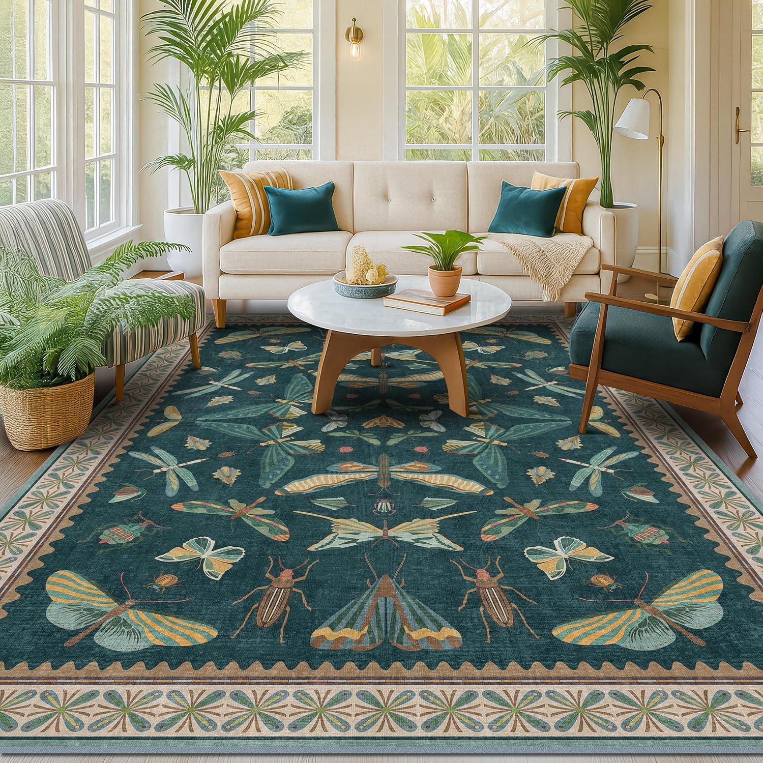 Vintage Teal Area Rugs for Living Room 6×8 – Floral & Butterfly Pattern Dining
