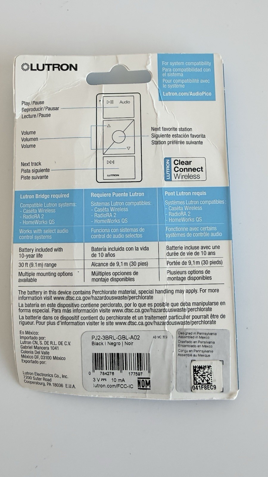 LUTRON PICO AUDIO REMOTE CONTROL PJ2-3BRL-GBL-A02 BLACK NEW SEALED