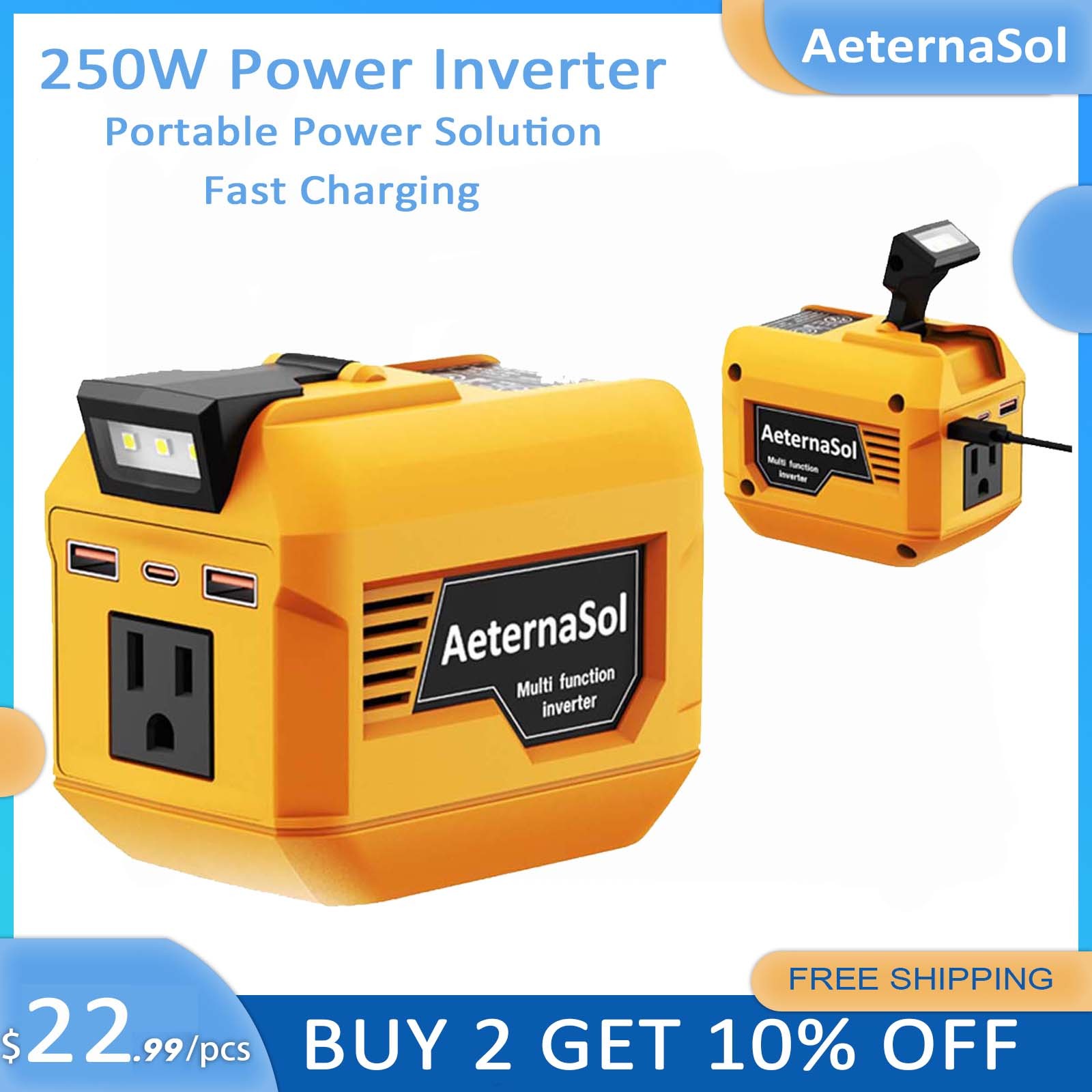 AeternaSol 250W Power Inverter for Dewalt 20V Battery AC 110V Outlet USB Camping