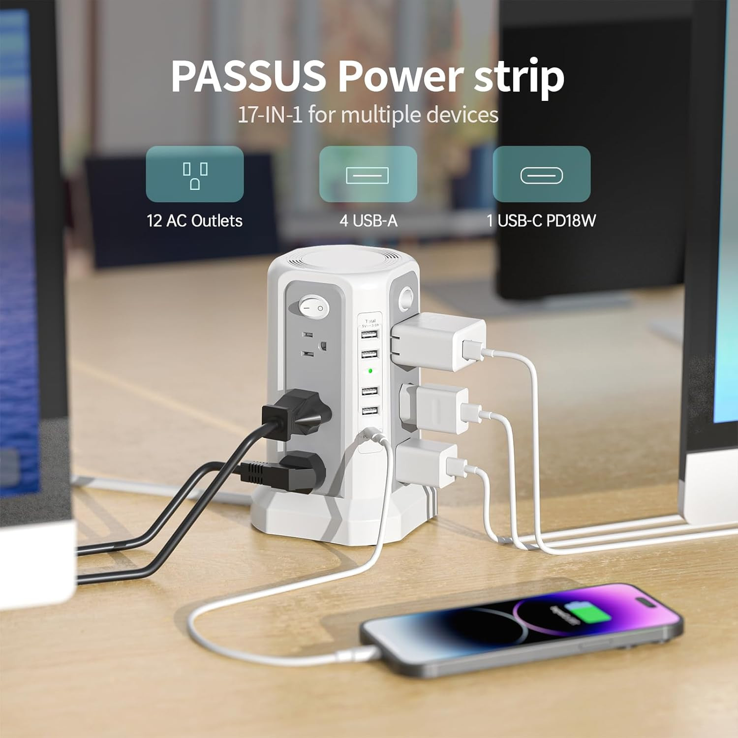 Surge Protector Power Strip Tower with USB C, 12 Outlets & 5 USB Ports