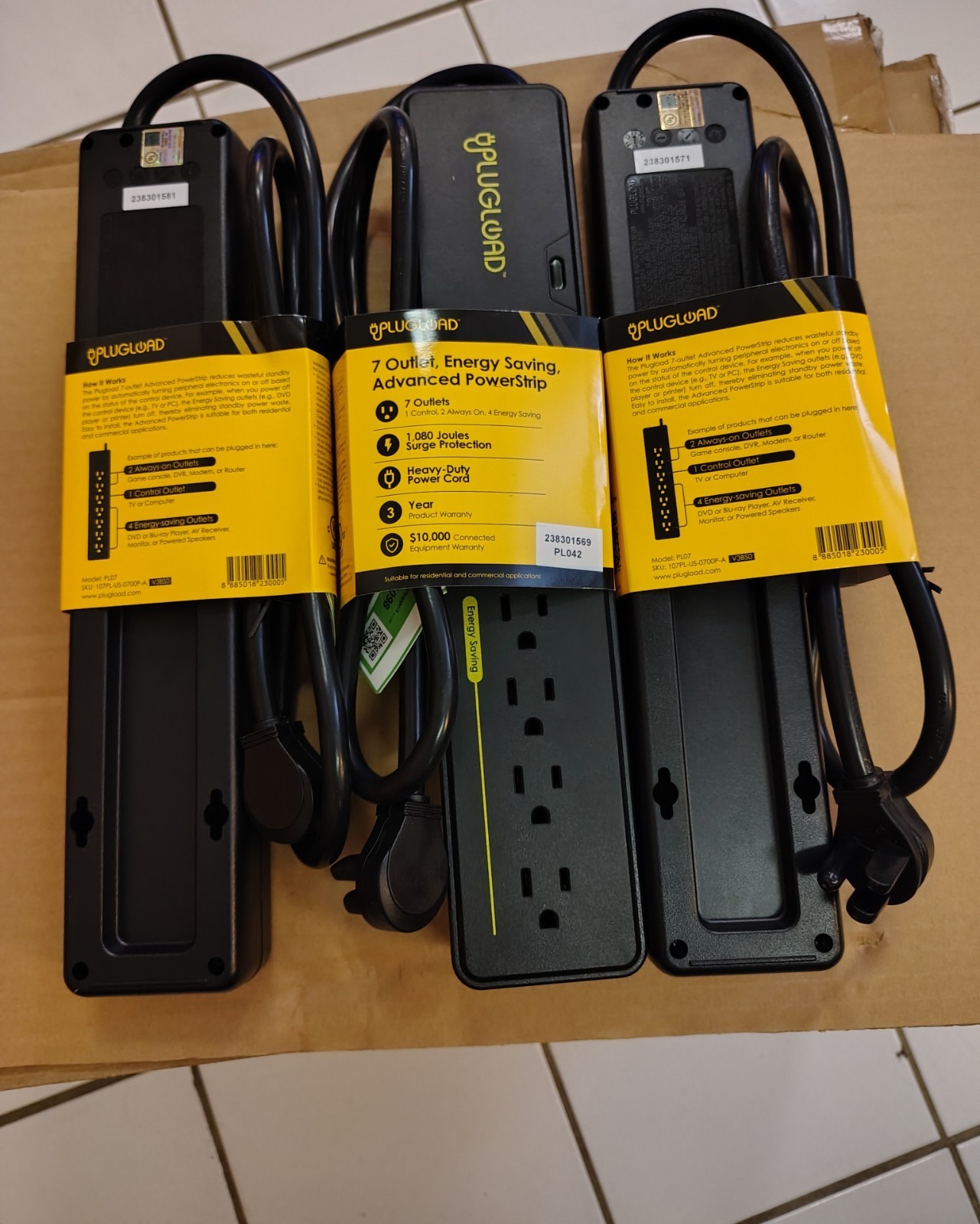 3 Pack PlugLoad 7 Outlet Advanced Power Strip Energy Saving Surge Protector New