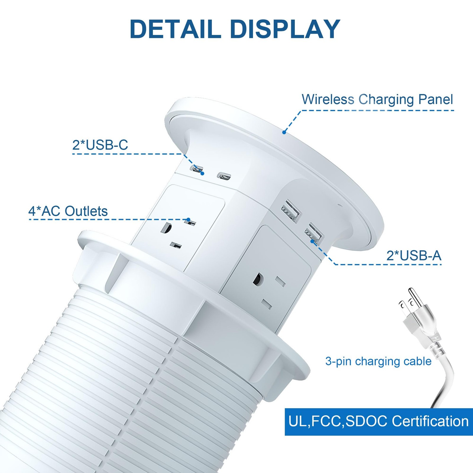9-in-1 Pop-Up Outlet with Wireless Charging – 4 AC & 4 USB Ports,, etc.（2-Pack）